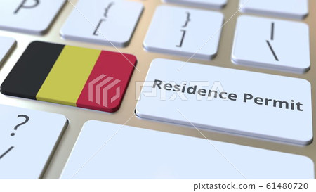 Residence Permit text and flag of Belgium on the buttons on the computer keyboard. Immigration related conceptual 3D rendering 61480720