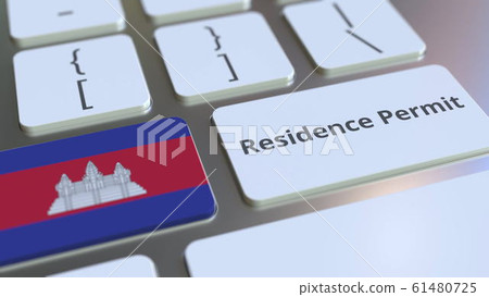 Residence Permit text and flag of Cambodia on the buttons on the computer keyboard. Immigration related conceptual 3D rendering 61480725