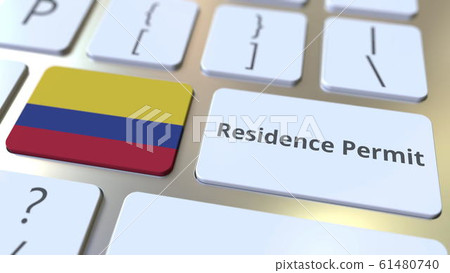 Residence Permit text and flag of Colombia on the buttons on the computer keyboard. Immigration related conceptual 3D rendering 61480740