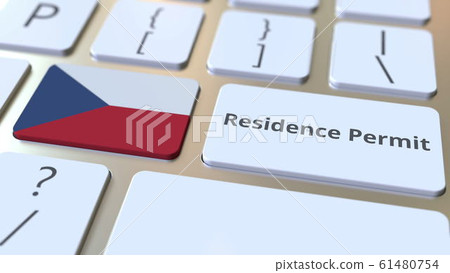 Residence Permit text and flag of the Czech Republic on the buttons on the computer keyboard. Immigration related conceptual 3D rendering 61480754