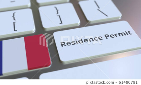 Residence Permit text and flag of France on the buttons on the computer keyboard. Immigration related conceptual 3D rendering 61480781