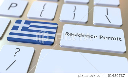 Residence Permit text and flag of Greece on the buttons on the computer keyboard. Immigration related conceptual 3D rendering 61480787