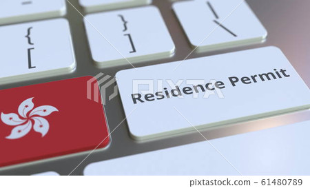 Residence Permit text and flag of Hong Kong on the buttons on the computer keyboard. Immigration related conceptual 3D rendering 61480789