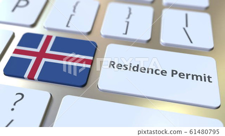 Residence Permit text and flag of Iceland on the buttons on the computer keyboard. Immigration related conceptual 3D rendering 61480795