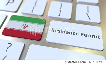 Residence Permit text and flag of Iran on the buttons on the computer keyboard. Immigration related conceptual 3D rendering 61480798