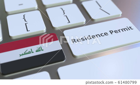 Residence Permit text and flag of Iraq on the buttons on the computer keyboard. Immigration related conceptual 3D rendering 61480799