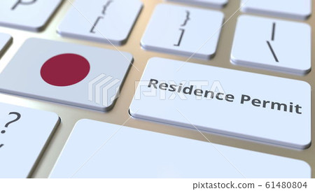 Residence Permit text and flag of Japan on the buttons on the computer keyboard. Immigration related conceptual 3D rendering 61480804