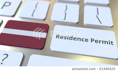 Residence Permit text and flag of Latvia on the buttons on the computer keyboard. Immigration related conceptual 3D rendering 61480820