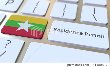 Residence Permit text and flag of Myanmar on the buttons on the computer keyboard. Immigration related conceptual 3D rendering 61480897