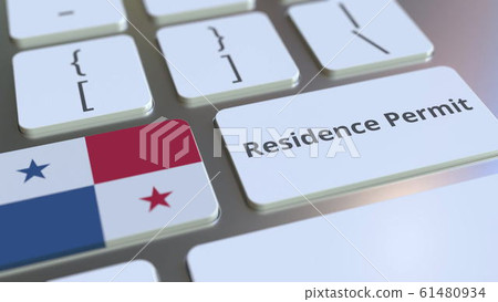 Residence Permit text and flag of Panama on the buttons on the computer keyboard. Immigration related conceptual 3D rendering 61480934