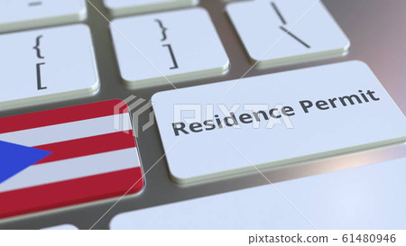 Residence Permit text and flag of Puerto Rico on the buttons on the computer keyboard. Immigration related conceptual 3D rendering 61480946