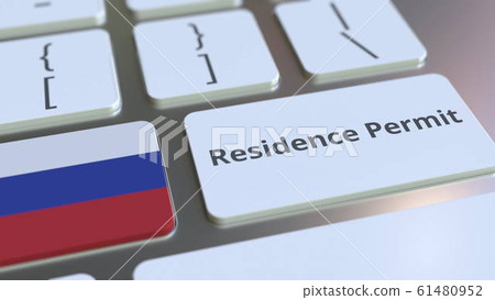 Residence Permit text and flag of Russia on the buttons on the computer keyboard. Immigration related conceptual 3D rendering 61480952