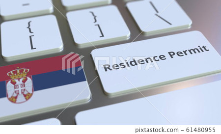 Residence Permit text and flag of Serbia on the buttons on the computer keyboard. Immigration related conceptual 3D rendering 61480955