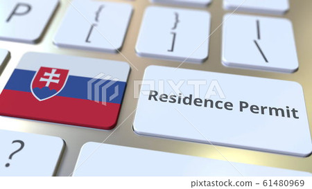 Residence Permit text and flag of Slovakia on the buttons on the computer keyboard. Immigration related conceptual 3D rendering 61480969