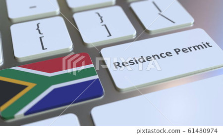 Residence Permit text and flag of South Africa on the buttons on the computer keyboard. Immigration related conceptual 3D rendering 61480974
