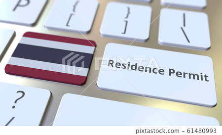 Residence Permit text and flag of Thailand on the buttons on the computer keyboard. Immigration related conceptual 3D rendering 61480993