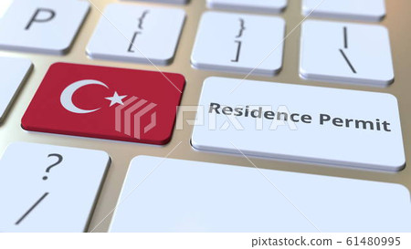 Residence Permit text and flag of Turkey on the buttons on the computer keyboard. Immigration related conceptual 3D rendering 61480995