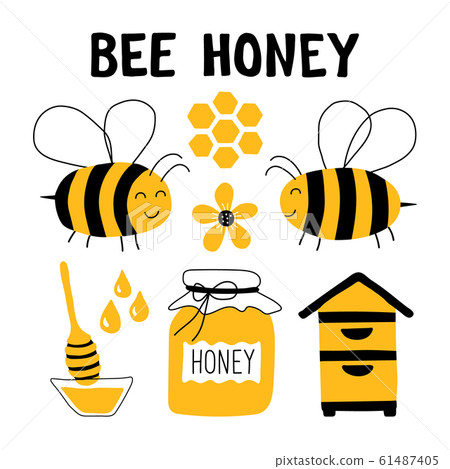 Honey funny doodle set. Beekeeping, apiculture: bee, hive, spoon, honeycomb, jar. Honey funny doodle set. Beekeeping, apiculture: bee, hive, spoon, honeycomb, jar. 61487405