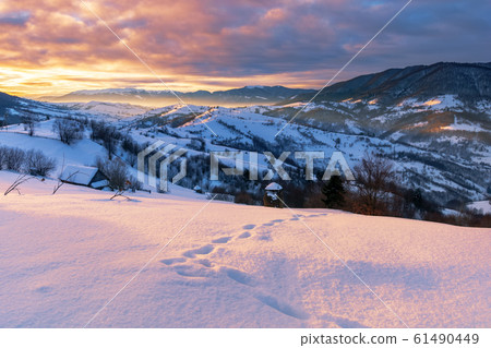 mountainous countryside in winter at dawn 61490449