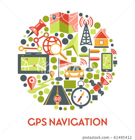 GPS navigation banner with navigator app icons set in circle GPS navigation banner with navigator app icons set in circle 61495412