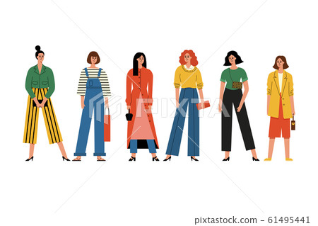 Beautiful women or girls standing together. High fashion, fine clothes. Smiling characters Beautiful women or girls standing together. High fashion, fine clothes. Smiling characters 61495441