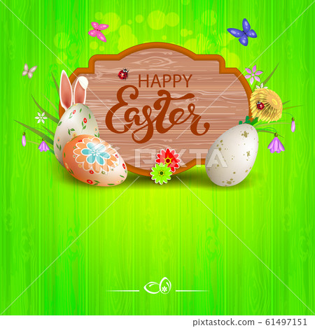 Green Easter composition with a curly frame with a silhouette of a board, Easter eggs with bunny ears 61497151