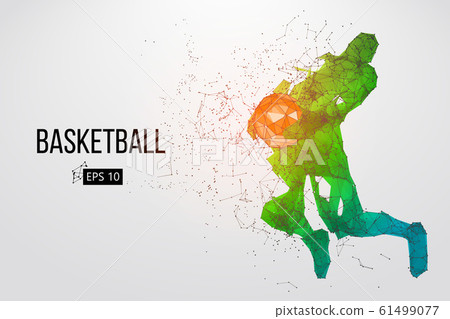 Silhouette of a basketball player. Dots, lines, triangles, color effects and background on a separate layers, color can be changed in one click. Vector illustration 61499077