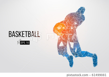 Silhouette of a basketball player. Dots, lines, triangles, color effects and background on a separate layers, color can be changed in one click. Vector illustration 61499081