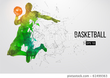 Silhouette of a basketball player. Dots, lines, triangles, color effects and background on a separate layers, color can be changed in one click. Vector illustration 61499363