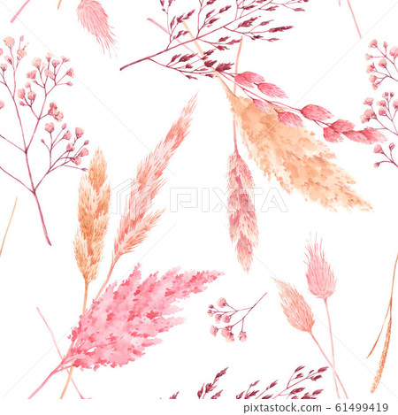 Beautiful seamless pattern with watercolor herbarium wild dried grass in pink and yellow colors. Stock illustration. 61499419
