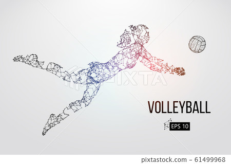 Silhouette of volleyball player woman, girl, female. Dots, lines, triangles, text, color effects and background on a separate layers, color can be changed in one click. Vector illustration 61499968