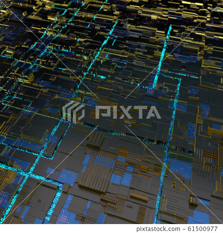 Circuit board futuristic server code processing. Angled view blue color technology black background. 3d 61500977
