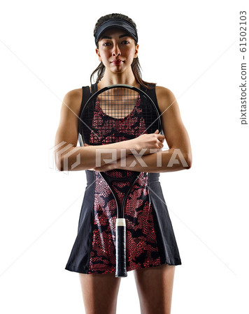 young tennis player asian woman isolated white brackground silhouette 61502103