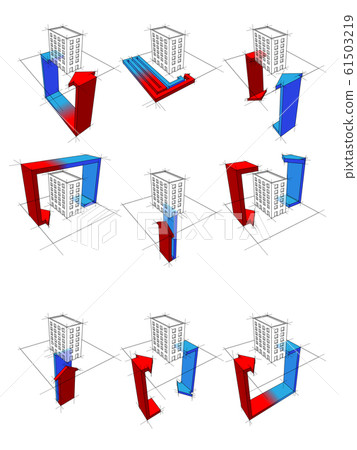 collection of nine heat pump diagrams on example of an appartment house showing possibilities of usage of heat pump 61503219