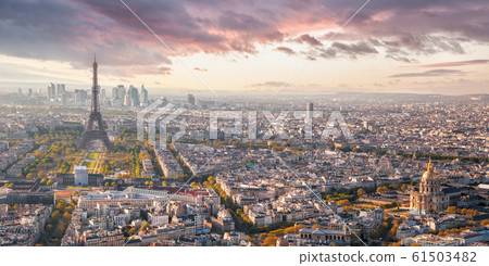 Panorama of Paris with Eiffel Tower against sunset in France Panorama of Paris with Eiffel Tower against sunset in France 61503482
