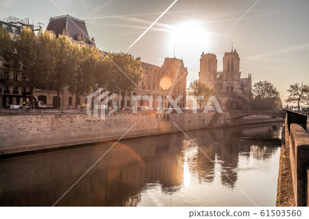Notre Dame cathedral against sunrise in Paris, France 61503560