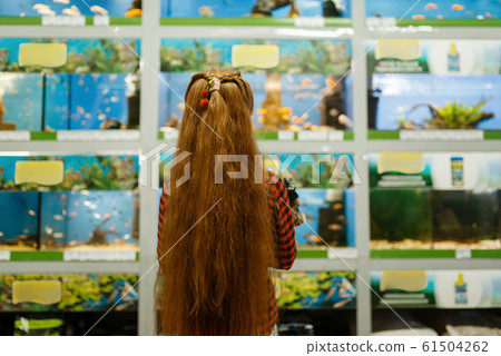 Girl looking on fishes in aquarium, pet store 61504262