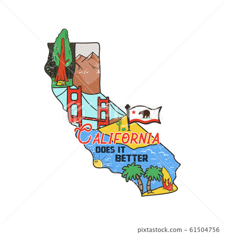 Vintage California map badge with tourist attractions. Retro style US state patch concept, print for t-shirt and other uses. Included quote saying - Cali does it better. Stock isolated 61504756