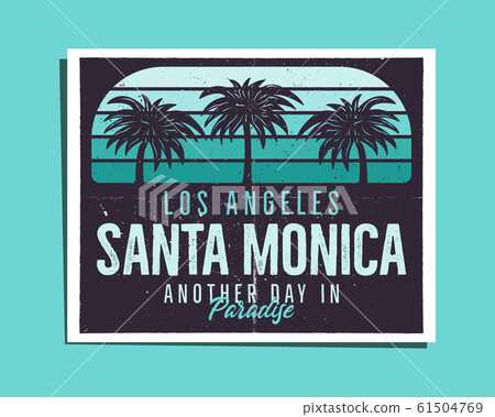 Santa Monica Beach Poster Graphic for T-Shirt, prints. Vintage Los Angeles hand drawn 90s style emblem. Retro summer travel paradise scene, unusual badge. Surfing Adventure Label. Stock . Santa Monica Beach Poster Graphic for T-Shirt, prints. Vintage Los Angeles hand drawn 90s style emblem. Retro summer travel paradise scene, unusual badge. Surfing Adventure Label. Stock . 61504769
