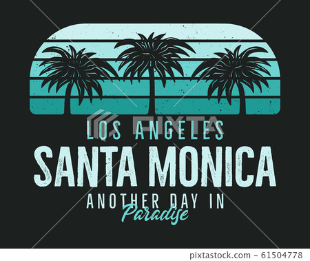 Santa Monica Beach Graphic for T-Shirt, prints. Vintage Los Angeles hand drawn 90s style emblem. Retro summer travel paradise scene, unusual badge. Surfing Adventure Label. Stock . 61504778