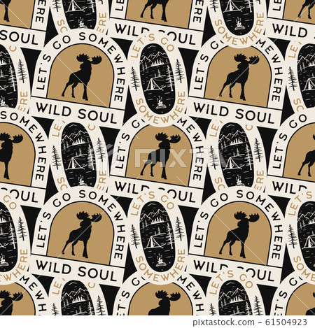 Camping seamless pattern with mountain forest labels badges. Wild soul text. Travel wallpaper background. Stock vector 61504923