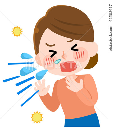 Hay fever symptoms sneezing woman illustration 61508617