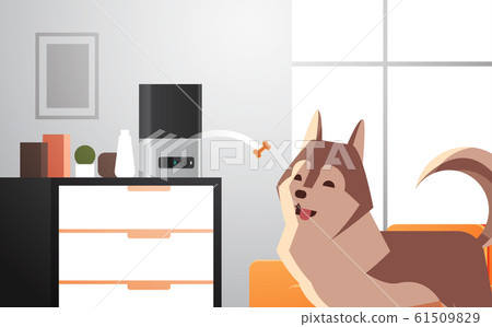 automatic digital pet dry food storage throwing bone for dog ai meal feeder dispenser concept smart animal feed modern living room interior horizontal 61509829
