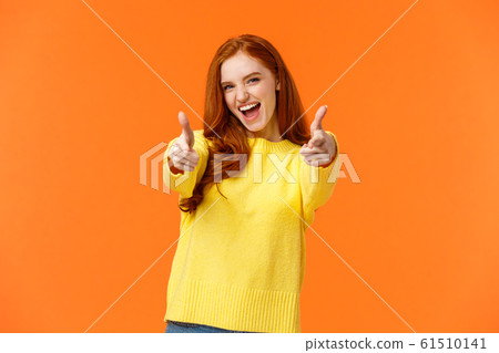 Excited, carefree cool modern hipster girl with red hair showing thumbs-up in approval, rooting for friend saying yeah, yes gesture, feeling upbeat and delighted, recommend product, fully-satisfied Excited, carefree cool modern hipster girl with red hair showing thumbs-up in approval, rooting for friend saying yeah, yes gesture, feeling upbeat and delighted, recommend product, fully-satisfied 61510141