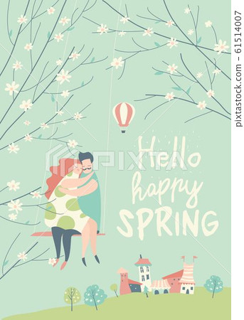 Cartoon happy couple in love riding on swing in spring garden Cartoon happy couple in love riding on swing in spring garden 61514007