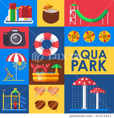 Aqua park set of stickers, vector illustration. Colorful collage with icons in flat style, water park attractions. Fun activity in aqua park for family with children 61515031