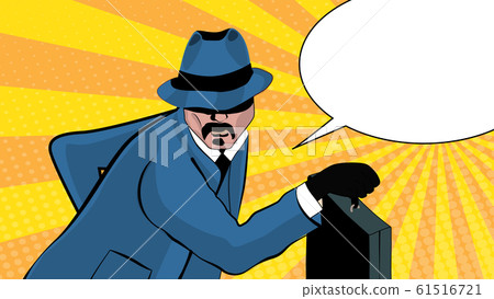 Vector illustration of a man with a suitcase. Pop art style illustration on a rays background and speech bubble Vector illustration of a man with a suitcase. Pop art style illustration on a rays background and speech bubble 61516721