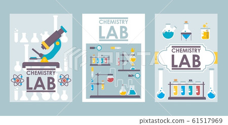 Chemistry lab banners, vector illustration. Scientific brochure cover design, laboratory booklet template. Flat style chemistry lab icons, science research symbols 61517969