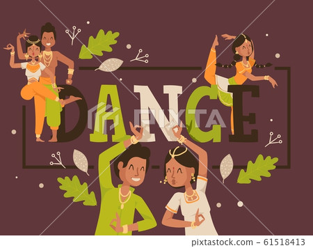 Dance typographic poster, vector illustration. Traditional Indian dancing, smiling people in national costume, happy dancer cartoon character, Indian man and woman 61518413