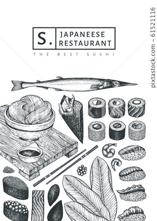 Japanese cuisine design template. Sushi hand drawn - Stock Illustration ...